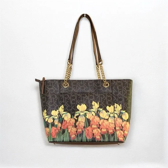Calvin Klein Monogram Brown Floral Leather Chain Tote Bag - Picture 12 of 12